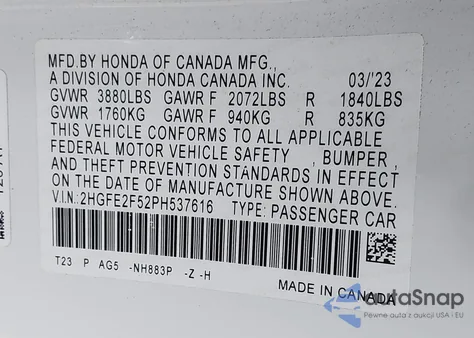 2023 Honda Civic Sport from USA, damaged, VIN 2HGFE2F52PH537616